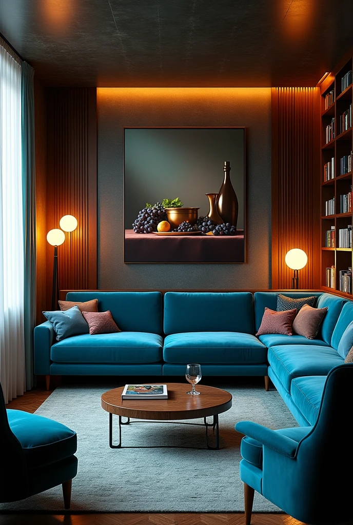 The room was an architectural
contradiction. The blue velvet couch
and the assortment of armchairs
looked like splashes of dark, deep
sea water, the floor lamps like big
yellow halos of light. The lines of
dark wooden bookshelves leaning
against the wall hinted more at a
literature professor's workplace. As if all this was set for some sort of high-brow movie that might have been a blend of futuristic art and a flashback to the 1900s. The three still life pictures on the wall which are opposite to the couch depicted parts of a well-laid table whose details I was pretty familiar with by this point in time. Together with the golden goblet of wine, the ripe bunch of grapes gave it an air of decadence.
