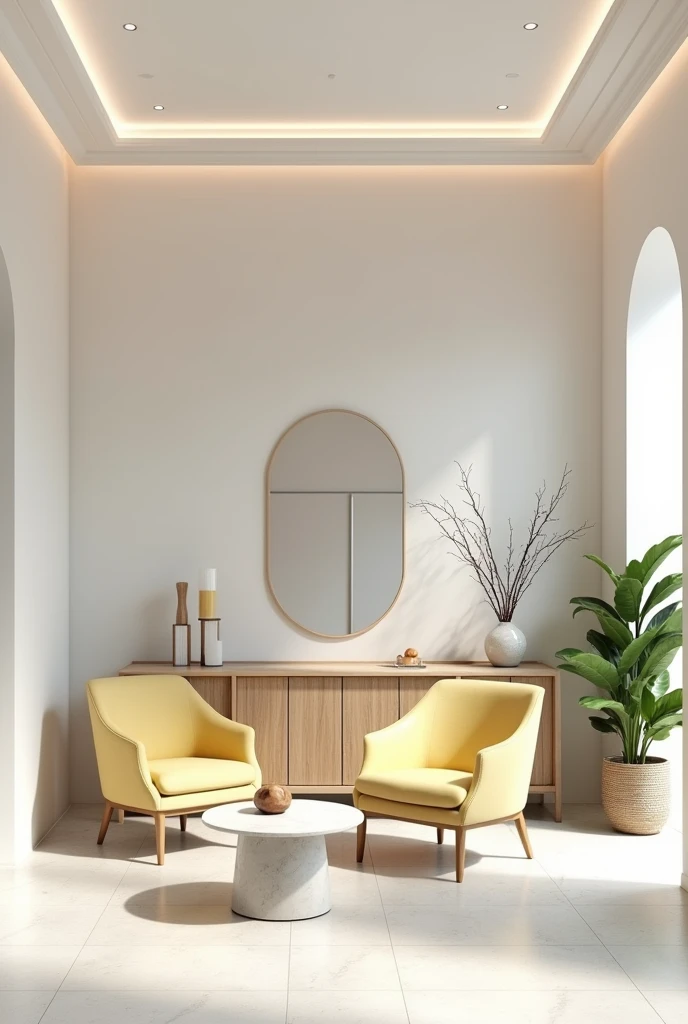 Professional 3d architecture rendering design of modern and minimal relax room with light lemon colour modern velvet 2 Florence chairs and white stone marble table modern and modern ceiling lighting and elegant ceiling lighting and light wooden consulate with elegant mirror elegant and modern ceiling lighting and elegant wall painting and elegant accessories and elegant green space and white wall