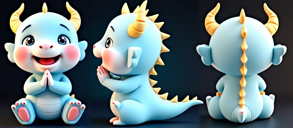 3D rendering, C4D, cartoon style version of a cute Chinese baby dragon, blue body, pink face, golden horns on his head, smiling happily and praying with his hands folded, full body front view and side view, back view. Light indigo and gold style, anime aesthetics, furry art, solid color background, super high detail.