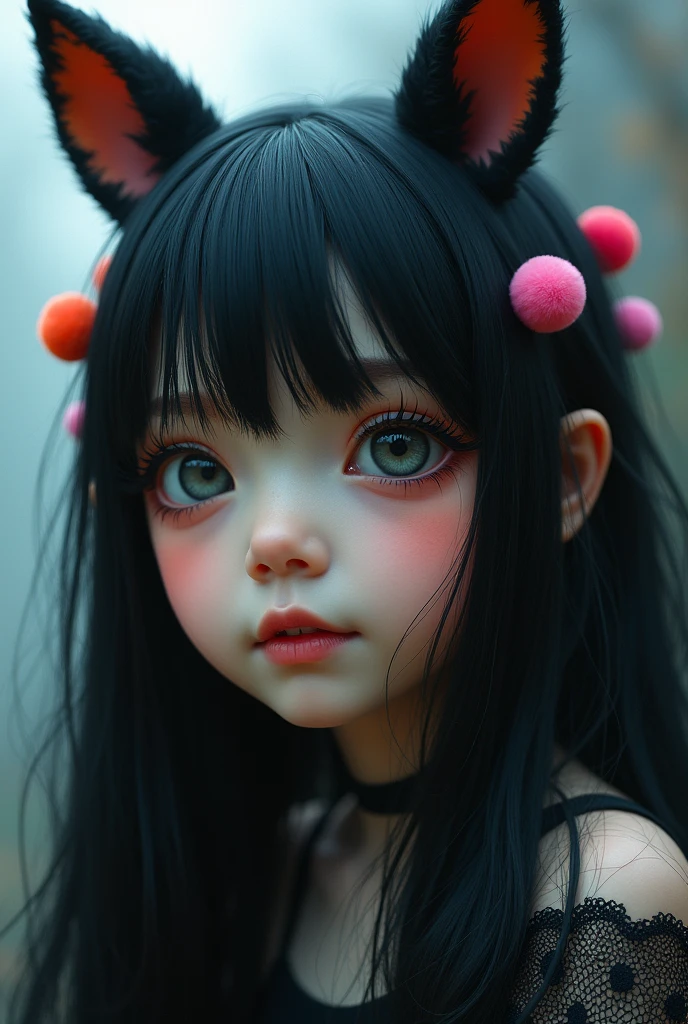 black hair, hair bobbles, wince, longeyelashes, solid circle eyes, fake animal ears, light smile, ear blush, fang, ccurate, Surrealism, drop shadow, anaglyph, stereogram, tachi-e, pov, atmospheric perspective, 8k, super detail, best quality