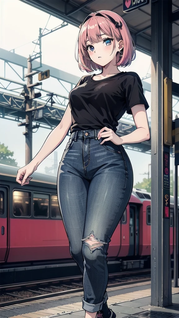 (masterpiece), (best quality), (high resolution), detailed, (Complex detail 1.2), (Hyper detailed 1.4), (Gorgeous digital art 1.2), absurd, 1 Girl, Small Breasts, yes, Hair accessories, Solitary, Pink Hair, (Black shirt:1.3), jeans, (TRAIN STATION:1.2) running, thigh, shortstack, 