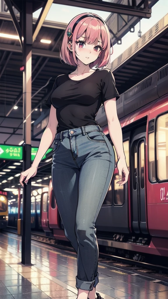 (masterpiece), (best quality), (high resolution), detailed, (Complex detail 1.2), (Hyper detailed 1.4), (Gorgeous digital art 1.2), absurd, 1 Girl, Small Breasts, yes, Hair accessories, Solitary, Pink Hair, (Black shirt:1.3), jeans, (TRAIN STATION:1.2) running, thigh, shortstack,