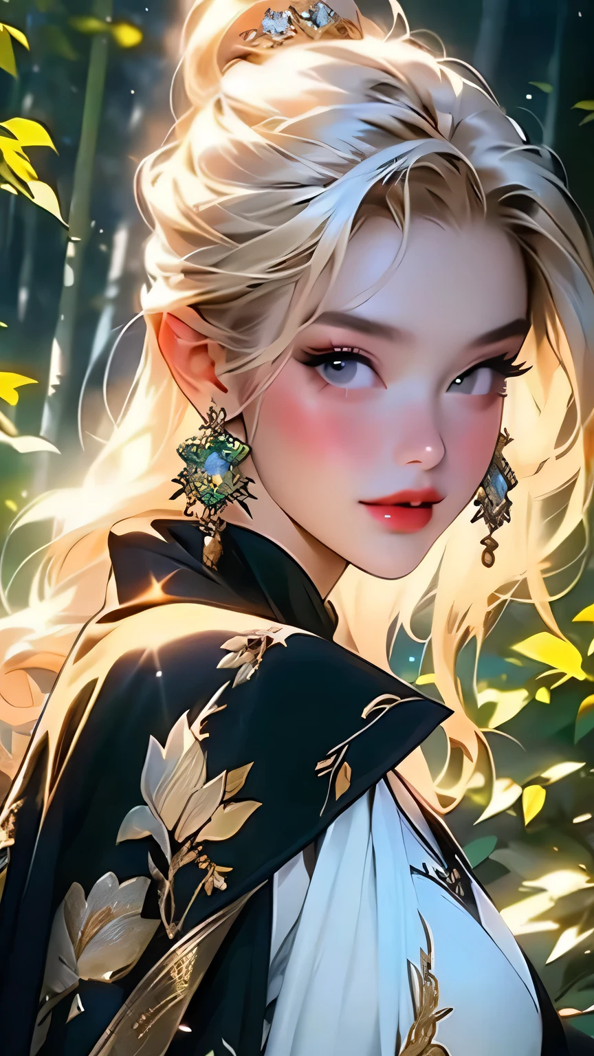 (((Face close-up)))、(((masterpiece, Highest quality, High resolution, Attention to detail)))), One, ((Fantasy)))), (A peerless beauty)))), (White short skirt with gold embroidery), (Long blonde ponytail:Dumpling1), (Shiny, dark black eyes), (Green surcoat with gold embroidery), big, (((at night forest)), (Many beautiful flowers are blooming)), Sit in a chair and look here , Particles of light flying、(((Face close-up)))、Face close-up