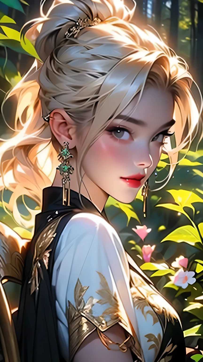 (((Face close-up)))､(((masterpiece, Highest quality, High resolution, Attention to detail)))), One, ((Fantasy)))), (A peerless beauty)))), (White short skirt with gold embroidery), (Long blonde ponytail：Dumpling１), (Shiny, dark black eyes), (Green surcoat with gold embroidery), big, (((at night forest)), (Many beautiful flowers are blooming)), Sit in a chair and look here , Particles of light flying､(((Face close-up)))､Face close-up