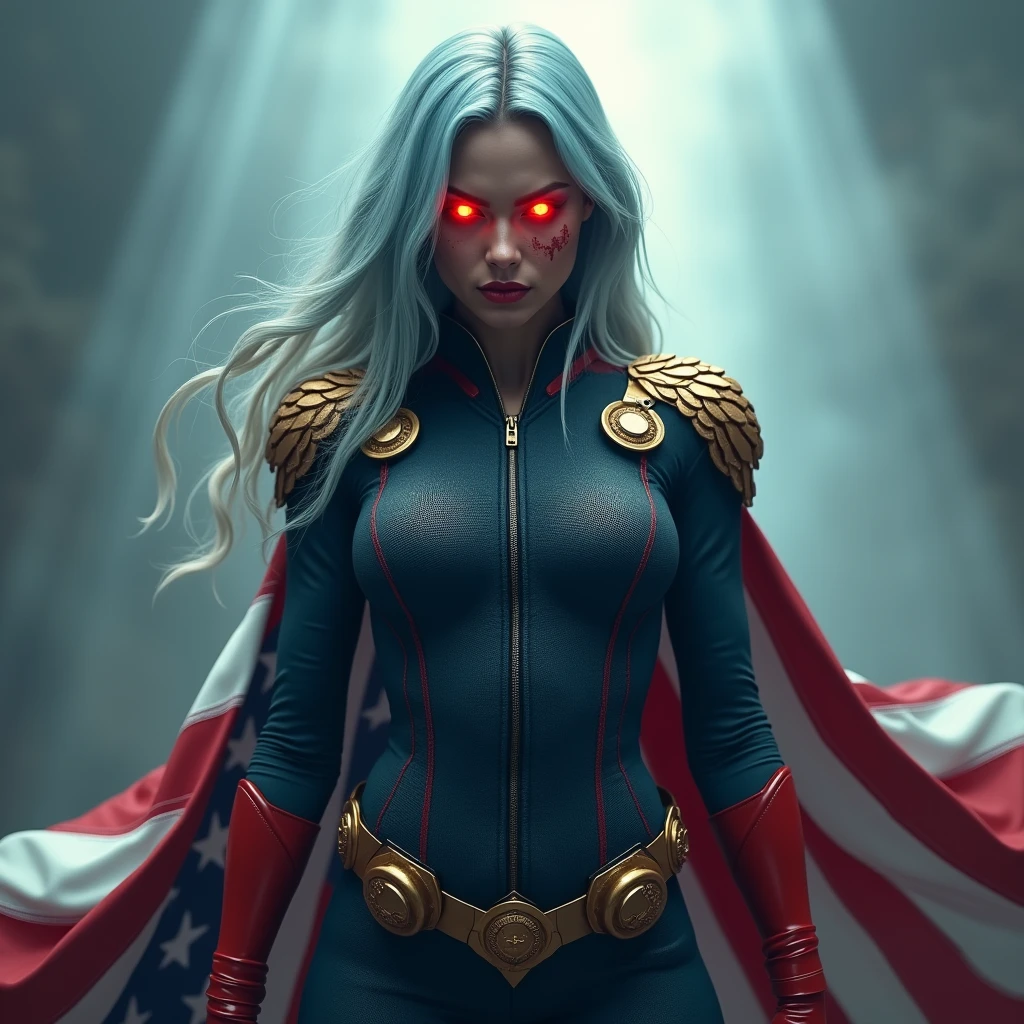 A powerful superhero character in a dramatic action pose, She has her hands behind her back. She wears a full dark blue, textured bodysuit with golden accent like eagles heads on her shoulders and wear red long gloves until her elbows. She have got long light blue hair, His eyes glow in intense red, projecting laser beams by hereyes in an off-field direction, illuminating the scene with bright light, large breast. She has a severe and stern expression. A large and imposing American flag cape billows behind her, adding a sense of movement to the scene. There are stains of blood on her face ,The atmosphere around her is misty, with beams of light piercing through the clouds, highlighting the figure in a heroic manner, photorealistic 