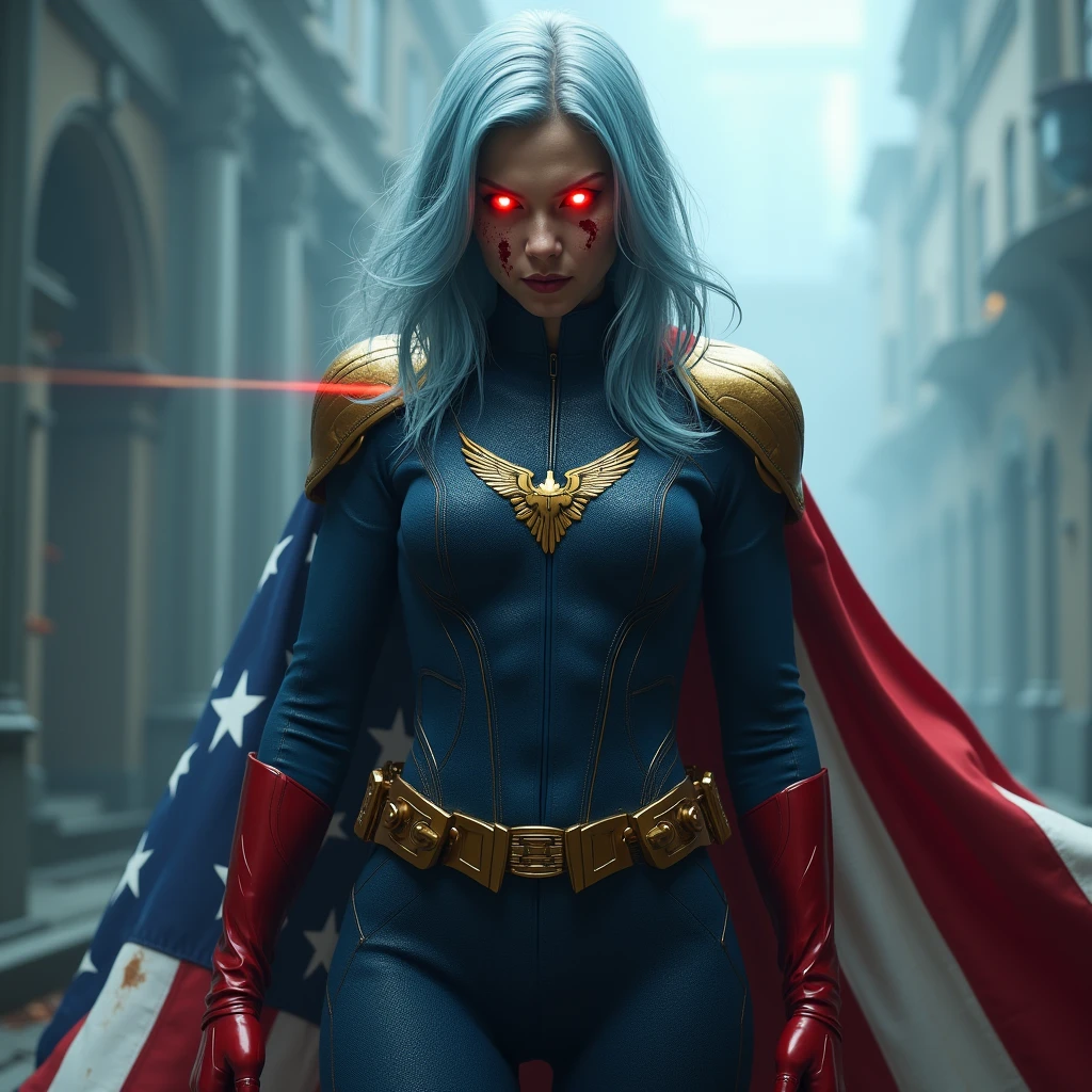 A powerful superhero character in a dramatic action pose, She has her hands behind her back. She wears a full dark blue, textured bodysuit with golden accent like eagles heads on her shoulders and wear red long gloves until her elbows. She have got long light blue hair, His eyes glow in intense red, projecting laser beams by hereyes in an off-field direction, illuminating the scene with bright light, large breast. She has a severe and stern expression. A large and imposing American flag cape billows behind her, adding a sense of movement to the scene. There are stains of blood on her face ,The atmosphere around her is misty, with beams of light piercing through the clouds, highlighting the figure in a heroic manner, photorealistic 