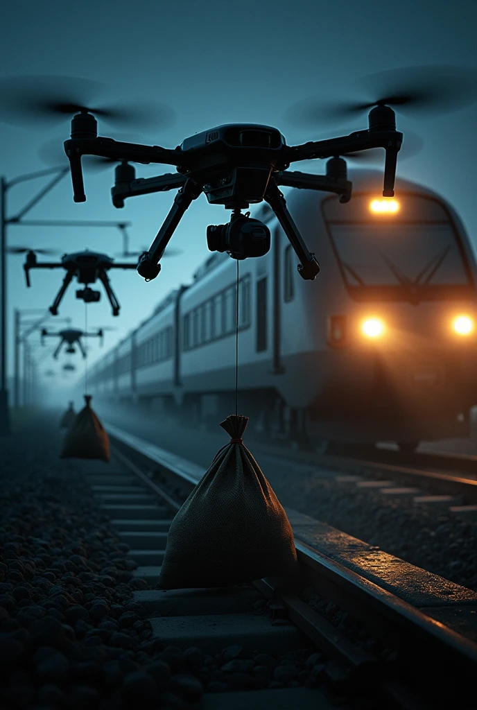 Drones lifting money bags at running train backdrop at night