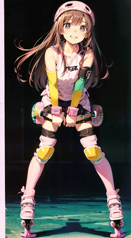 Highest quality、Smiling junior high school girl、((Dark brown long hair、Two Side Up))、((((High resolution、High quality pink inline skates 、Knee and elbow protectors))))、Cheerful pose、Round droopy eyes
