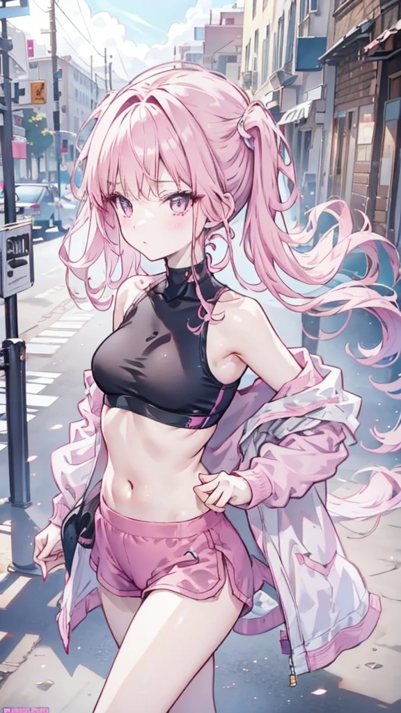 Pink Hollow Sports Bra,Small coat,Large Breasts,hot pants,Black tights,Double tail,On the Street