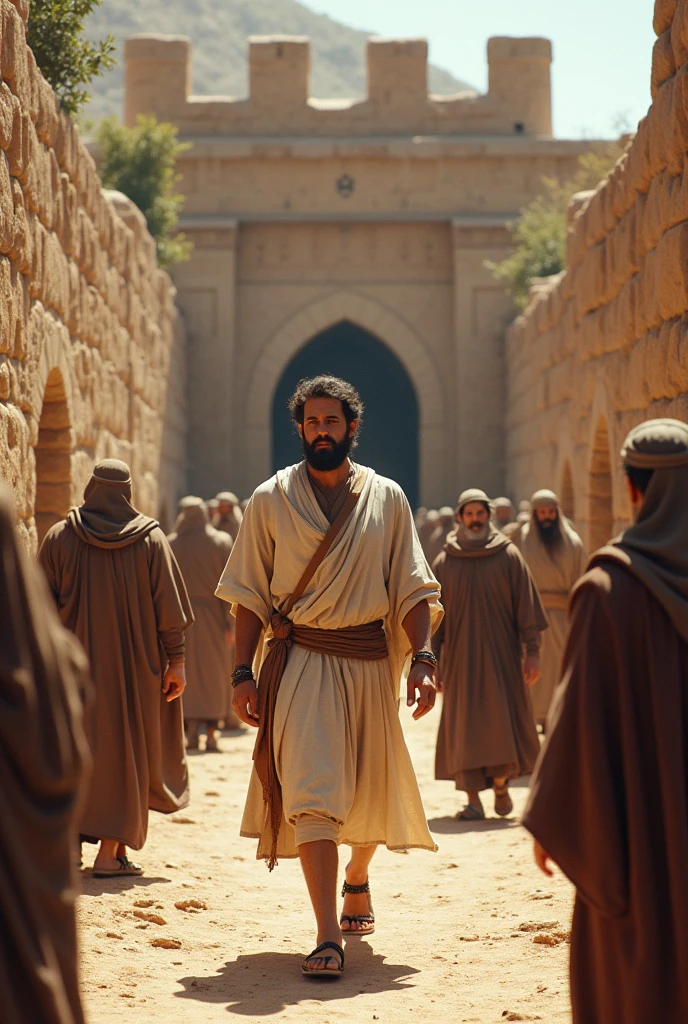 Light-skinned man, brown hair and beard, bone-colored tunic, brown short skirt, sandals tied to the shins, sky blue cloak walks among men and women dressed in typical Jewish tunics and cloaks of the 1st century enter and leave through a large entrance in a wall of large ochre stones, Inside you can see Jewish stone houses, You can also see some olive trees and some sheep.