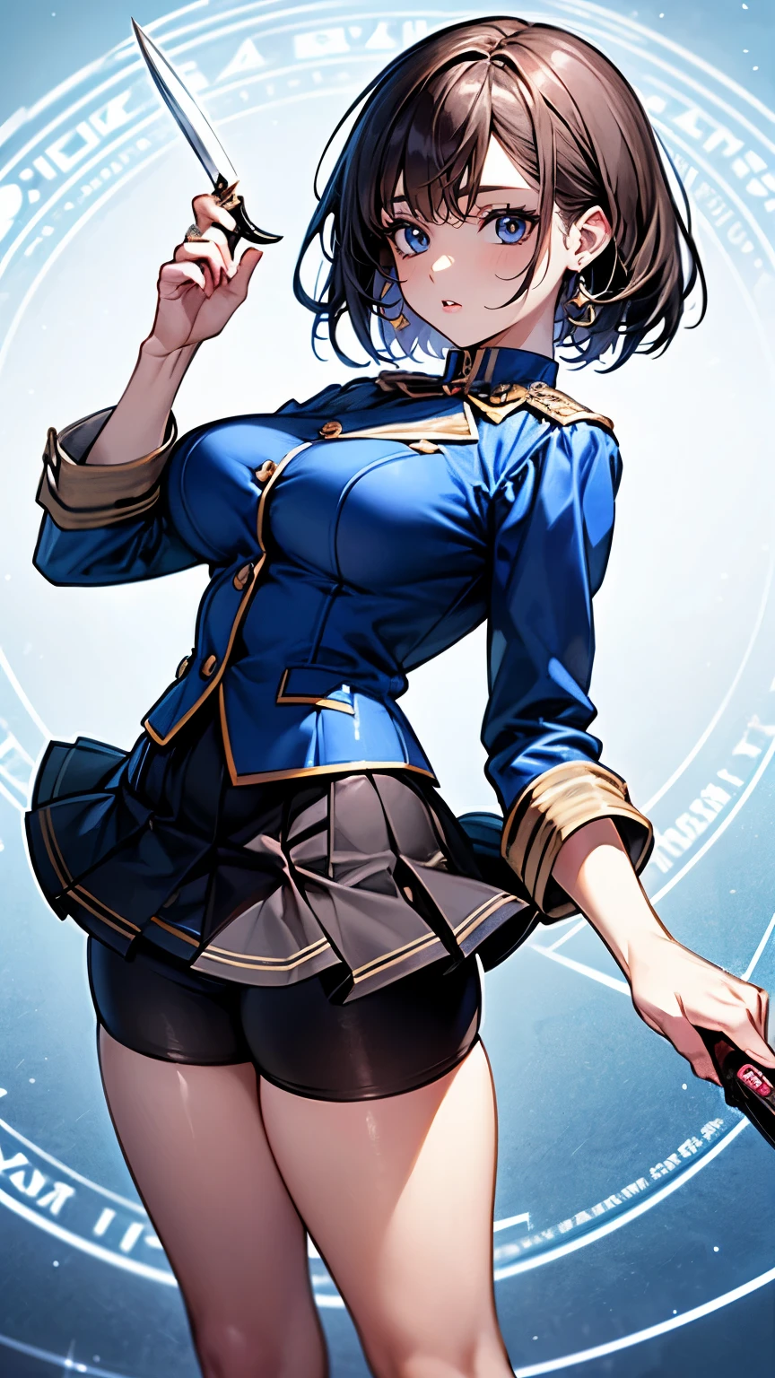 （Very delicate and beautiful：1.2）super model,,Beautiful breasts,voluptuous,【bike shorts】,,【3girls】,,Highest quality, High resolution, 8k,mini skirt,uniform,knife,Blue Flame.magic circle.