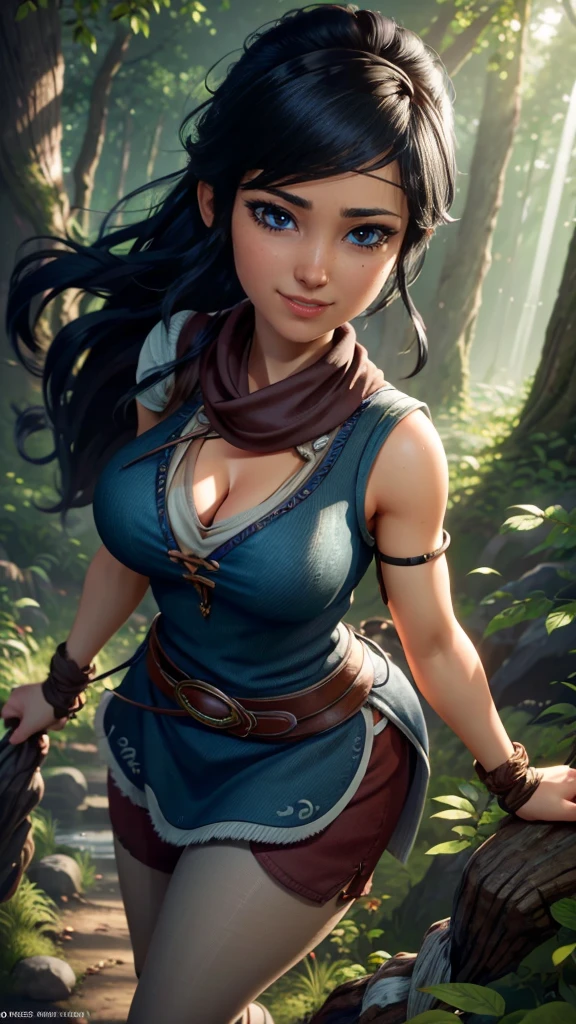 Kena da bridge of spirits,(best qualityer,4K,8k,high resolution,work of art:1.2)(weather: windy), cowboy shot,spirit forest background, long hair, micro shorts, pantyhose, magic scepter, headband,gloves,ultra detailed,realisitic,portraite,beautiful detailed blue eyes,beautiful detailed lips,extremely detailed eye and face, long eyelashes,sexly,average, large breasts, cleavage,flying hair,beaming smile,powerful girl in a forest, sexy pose,stunning curves,bright coloured,dramatic lighting,composition,
