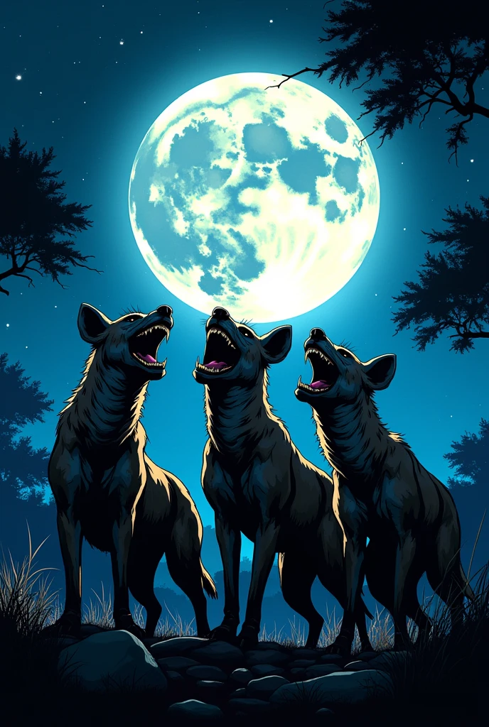 A pack of laughing hyenas, the scene is already night, the sky is filled with a huge moon and bright stars, they are in a clearing, I want the scene to be dramatic and create a sense of suspense, comic book style.