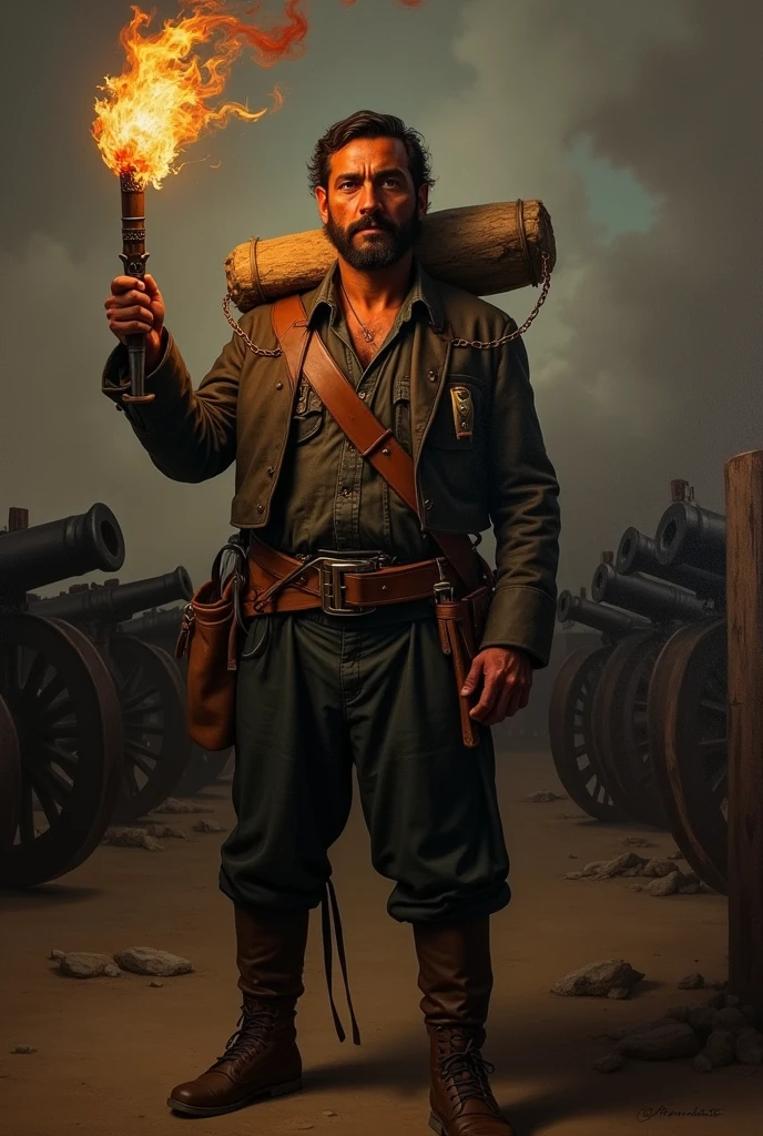 masterpiece, realist, high contrast, Baroque, Mexican man, with flat stone tied on the back, to cover themselves from bullets, holding a torch, to milk, hero of independence, from Mexico, the pipila, rembrant painting style, tenebrismo, Caravaggio, the pipila, background with war cannons,