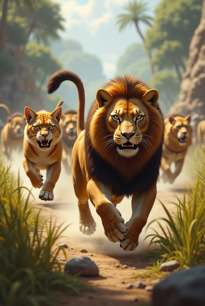 Some lions are chasing to catch chubby fat cat and her body builder husband cat