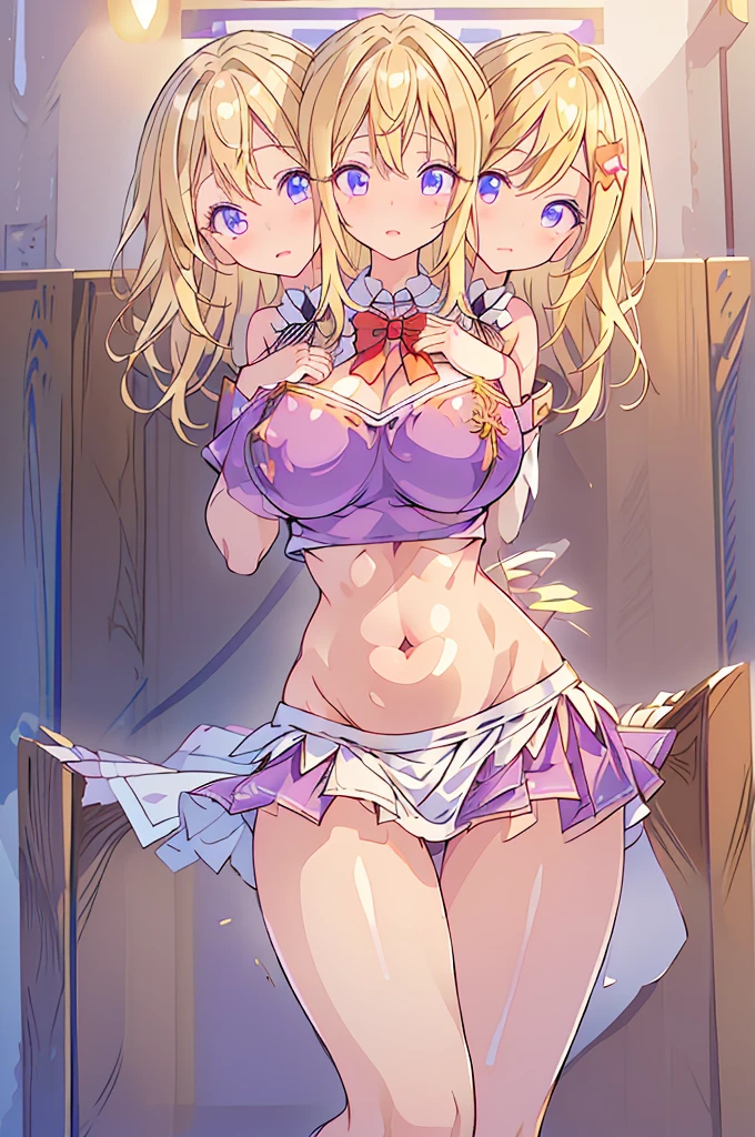 (masterpiece, best quality),best quality, (ultra-detailed), ((3heads:1.5)), 1girl, (maribel hearn:1.3), masterpiece, best quality, ultra quality, ultra resolution, ultra detail, purple top, crop top, ((stomach)), midriff, ((groin)), purple skirt, frilled skirt, miniskirt, normal ears, shackles, blonde hair, very long hair, wavy hair, sidelocks, purple eyes, parted lips, (very beautiful eyes:1.5), (very detailed eyes:1.5), (pretty eyes:1.5), smiling, cute smile, cute, toned belly, hand on own chest, eyelashes, (2 woman:1.3), (masterpiece:1.5), (best quality:1.5), (beautiful detailed:1.5), extremely detailed CG, extremely delicate and beautiful, depth of field, (finely detailed face), (perfect details:1.3), (mature female:1.3), wide pelvis, slender, very sexy body, large veiny breast, 16k resolution, highres, high quality, high definition, extremely detailed, masterpiece, best quality, blonde hair, long hair, alluring presence, twin braid, short skirt, close up, very big breasts, huge breasts, young, mob cap, white headwear, red bow on hat, skirt hold, hair between the eyes, nsfw, open belly, midriff, cowboy shot, looking at viewer, girl with three heads, three headed girl, ((blonde)),