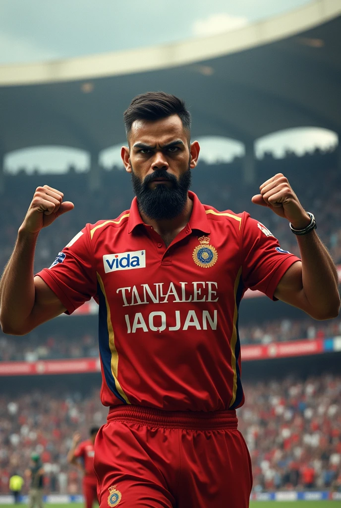 Virat Kohli in rcb 2016 jersey. showing fuck off symbol to haters in a full stadium with swag aggression. make sure to show the audience clear