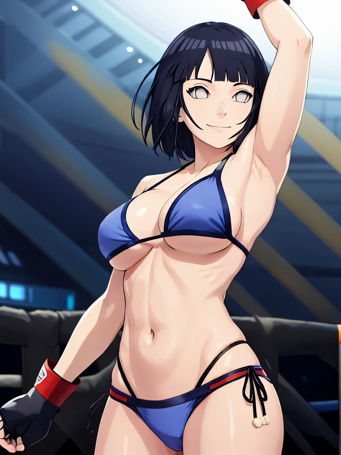 (hinata\(boruto\), (high quality:1.8), upper body:1.5, (curvy figure:1.5), (detailed sweat:1.2), ((blue gloves:1.8)), (fingerless gloves:1.8), (short gloves:1.5), (ultra detailed body:1.4), ((one ARM UP:1.4)), (MMA:1.7), (anime, tall woman, cowboy shot, (defined biceps arms:1.2), ((blue thong, bare arms, bare arms, bare shoulders)), (long belly:1.5), ((one shoulder bikini:1.4)), (wide shoulders, off-shoulders), smile), ((big breasts:1.0)), closed mouth), ((pale skin)). ((dark blue:1.3, short hair, hime cut، loose hair, floating hair, floating hair:1.0), (closed fists)