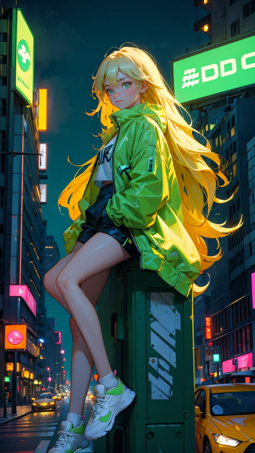 green color A beautiful, cute girl with a joyful expression sitting on top of a bright green car, in the middle of a bustling city intersection at night. She has long, flowing hair and wears a stylish oversized jacket, athletic shorts, and sneakers, with a relaxed and confident pose. The background features neon-lit billboards with cryptocurrency symbols, glowing street signs, and tall buildings lining both sides of the street. Cars are parked along the road, and streetlights cast a soft, warm glow, enhancing the urban cityscape atmosphere.