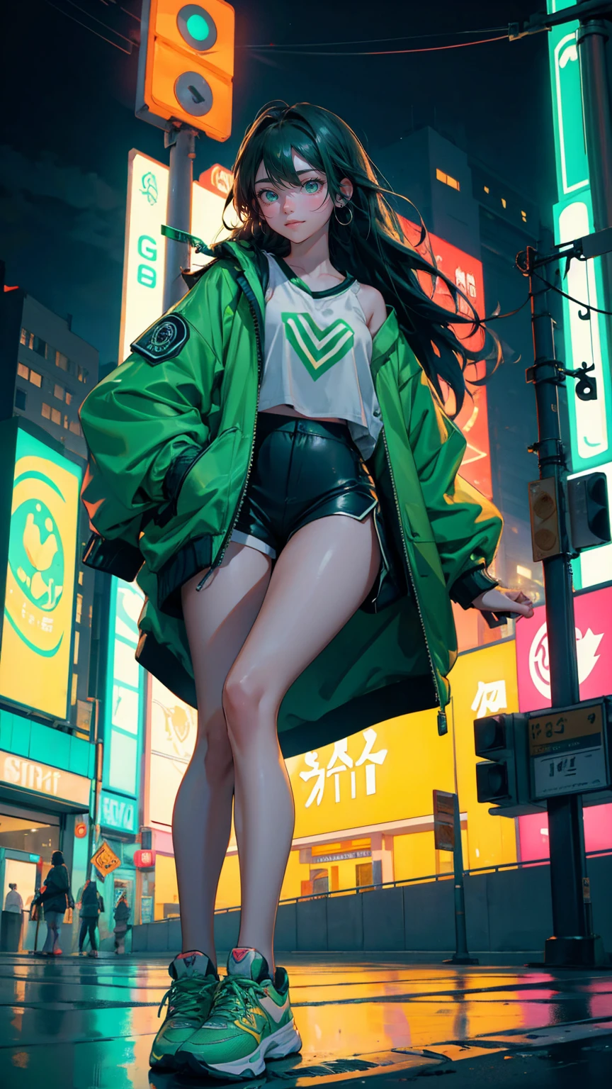 green color A beautiful, cute girl with a joyful expression sitting on top of a bright green car, in the middle of a bustling city intersection at night. She has long, flowing hair and wears a stylish oversized jacket, athletic shorts, and sneakers, with a relaxed and confident pose. The background features neon-lit billboards with cryptocurrency symbols, glowing street signs, and tall buildings lining both sides of the street. Cars are parked along the road, and streetlights cast a soft, warm glow, enhancing the urban cityscape atmosphere.