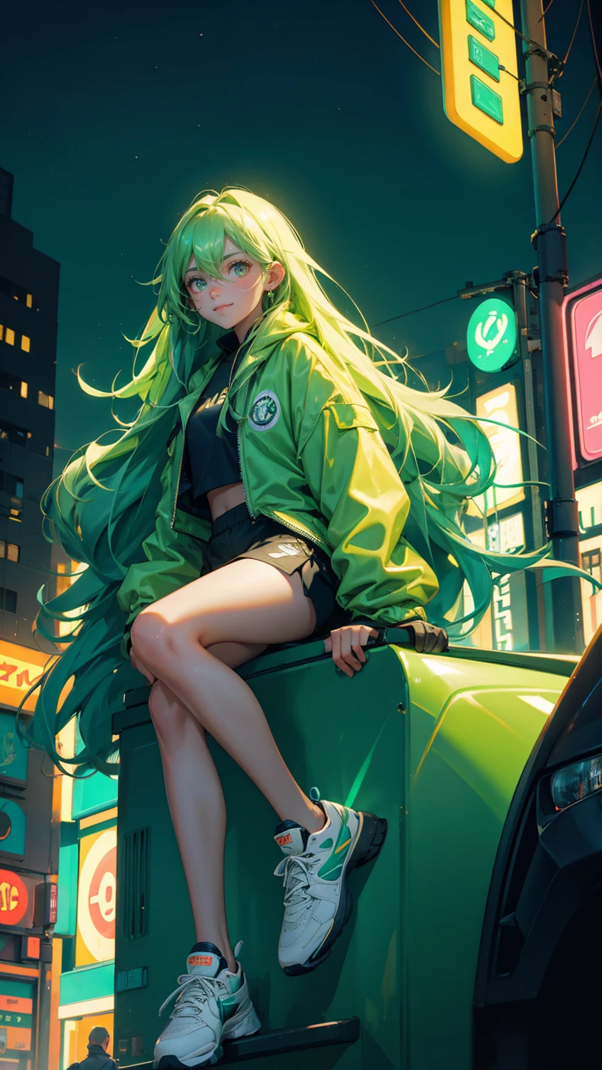 green color A beautiful, cute girl with a joyful expression sitting on top of a bright green car, in the middle of a bustling city intersection at night. She has long, flowing hair and wears a stylish oversized jacket, athletic shorts, and sneakers, with a relaxed and confident pose. The background features neon-lit billboards with cryptocurrency symbols, glowing street signs, and tall buildings lining both sides of the street. Cars are parked along the road, and streetlights cast a soft, warm glow, enhancing the urban cityscape atmosphere.