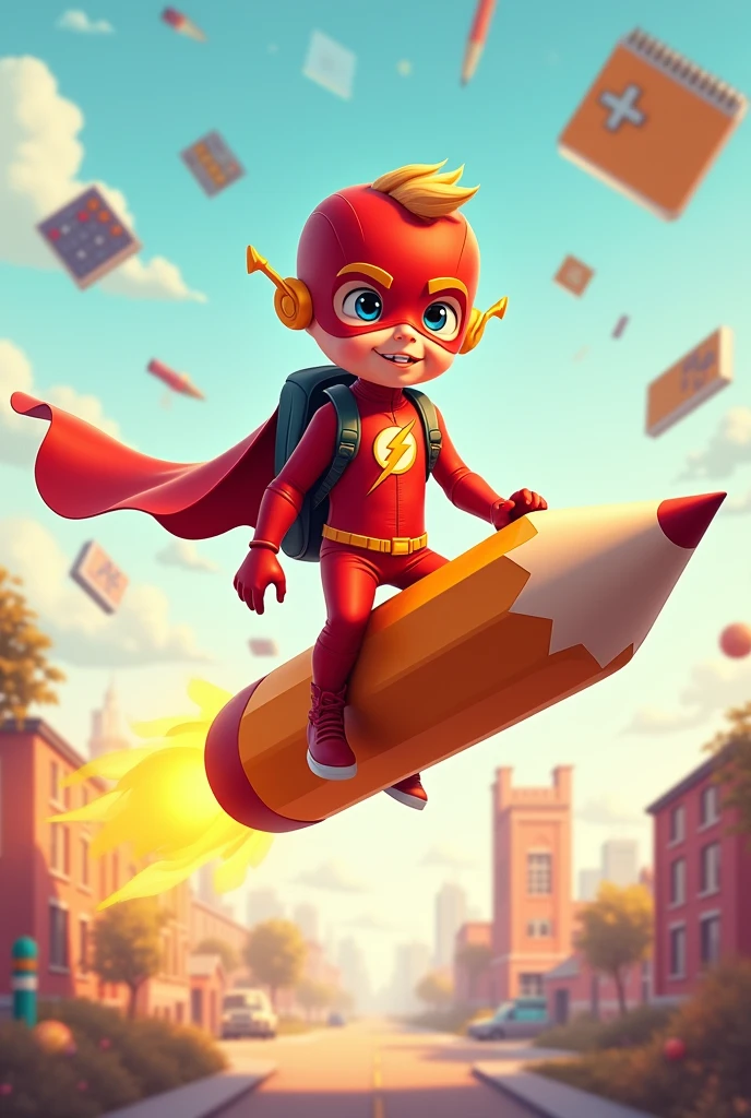 Crée une illustration vecteur d’un garçon fantaisiste réaliste déguiser en super-héros ' Flash' de Marvel , monté sur un crayon géant comme une fusée. Le est équipé d'un sac à dos , prêt pour une aventure éducative. L’arrière-plan est un paysage où on voit une école au loin , derriere lui de divers objets scolaires comme des calculatrices, des cahiers et des formes géométriques flottant dans un espace aux couleurs pastel douces pour évoquer un environnement d’apprentissage ludique et créatif., photorealism: 1.2, beauté