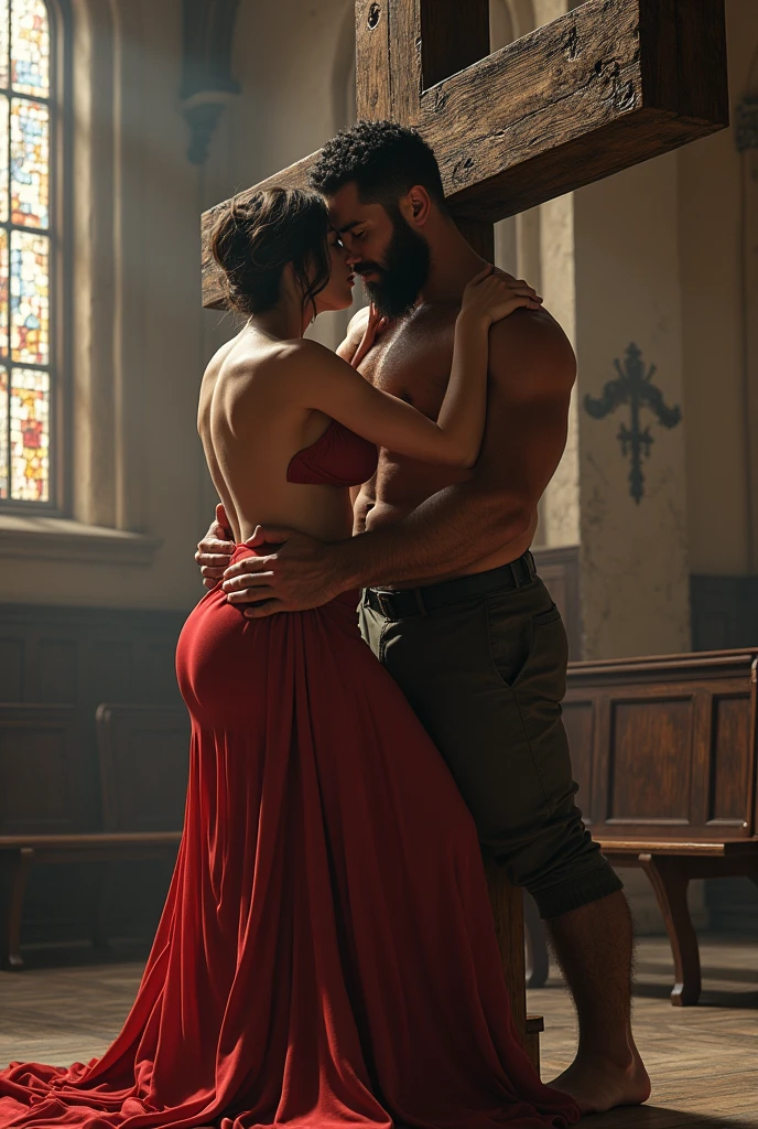 A grand, centuries-old church, bathed in the soft, ethereal light filtering through stained-glass windows. The air is thick with the scent of aged wood, dust, and the faintest hint of incense. The main aisle leads to a massive, ornate wooden cross, positioned behind the altar. Characters: Male: 1, large, thickly defined muscular build. Standing tall at 6'6", he's a mountain of solid muscle, his body a symphony of chiseled abs, bulging biceps, and powerful thighs. His skin is sun-kissed, glistening with a thin sheen of sweat. His face is a masterpiece of sharp angles and rugged lines, with a strong jaw, piercing blue eyes, a lined up black beard trimmed short and neat to .5mm, his hair short black and curly. His cock, thick and long, juts out, throbbing and ready. Female: 1, small-framed, with a lithe, toned body that's a stark contrast to her partner's. She shares his complexion and facial features, suggesting they're siblings or close kin. Her face is a heart-shaped beauty, with full lips, emerald eyes, and cascading chestnut hair that falls to her waist. Her small, perky breasts are heaving, her nipples hard and pink. Her pussy is shaved, glistening with her arousal, and ready to be claimed. Pose and Action: The male has the female pinned against the large wooden cross, her arms and legs spread wide, held in place by his strong hands. Her back arches, pressing her breasts against the cool, rough wood. His right hand grips her hip, fingers digging into her soft flesh, while his left hand tangles in her hair, tilting her head back, exposing her long, slender neck. His cock is poised at her entrance, the broad head teasing her wet, swollen lips. She writhes against him, trying to impale herself on his thickness, but he holds her firmly in place, tormenting her with slow, deliberate movements. Their bodies are slick with sweat, hers from anticipation, his from the exertion of holding back. His abs contract with each breath, his chest heaving