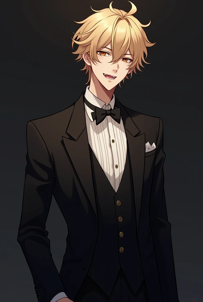 Make me an adult anime man. (Butler outfit.)(Fluffy, messy, blonde hair.), (Brown eyes.),(Freckles), (blushing slightly), (smiling brightly; eyes open.), Ikemen, (Pale with vampire teeth), Dark outfit (One person only) ADULT