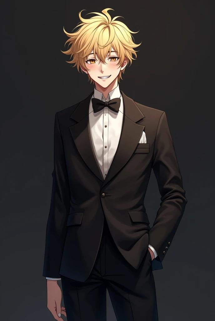 Make me an adult anime man. (Butler outfit.)(Fluffy, messy, blonde hair.), (Brown eyes.),(Freckles), (blushing slightly), (smiling brightly; eyes open.), Ikemen, (Pale with vampire teeth), Dark outfit (One person only) ADULT