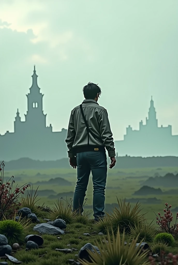 A person standing on a grass field looking into the distance at a ruined city in the apocalypse 