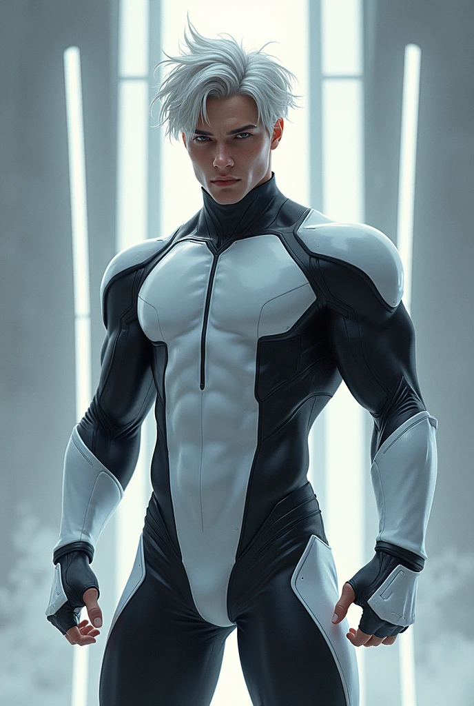 Full body photorealistic handsome hunky young slender futuristic male hero with messy white hair wearing a white and black costume and wristbands that can phase through walls,,super Bulge.