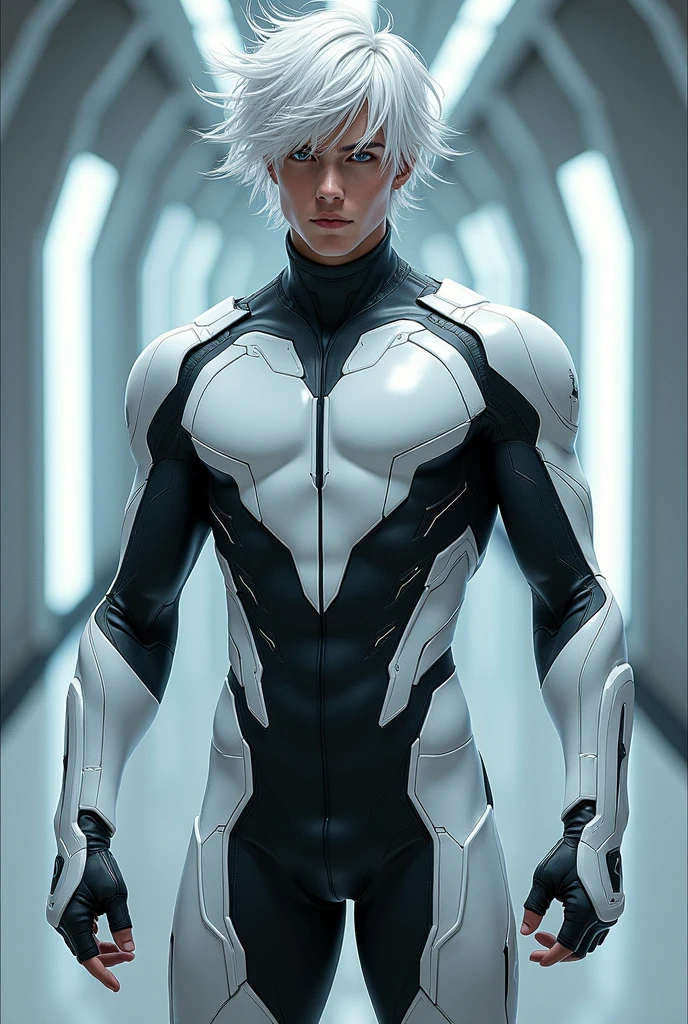 Full body photorealistic handsome hunky young slender futuristic male hero with messy white hair wearing a white and black costume and wristbands that can phase through walls,,super Bulge.
