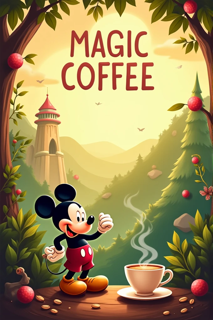 Make a creative Disney-style horizontal poster, Let it be a cover for a new activity at Disney parks called “Magic Coffee” in the center put the title and on one side a Mickey Mouse drinking coffee and remember to put some details about coffee and also about Colombia because it is the country of coffee.