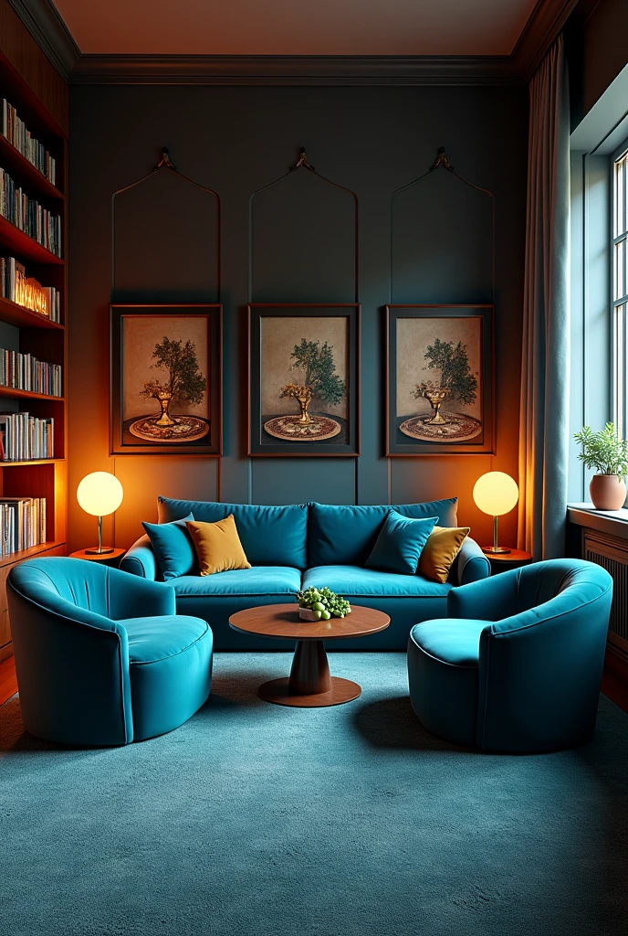 The room was an architectural
contradiction. The blue velvet couch
and the assortment of armchairs
looked like splashes of dark, deep
sea water, the floor lamps like big
yellow halos of light. The lines of
dark wooden bookshelves leaning
against the wall hinted more at a
literature professor's workplace. As if all this was set for some sort of high-brow movie that might have been a blend of futuristic art and a flashback to the 1900s. The three still life pictures on the wall which are opposite to the couch depicted parts of a well-laid table whose details I was pretty familiar with by this point in time. Together with the golden goblet of wine, the ripe bunch of grapes gave it an air of decadence.