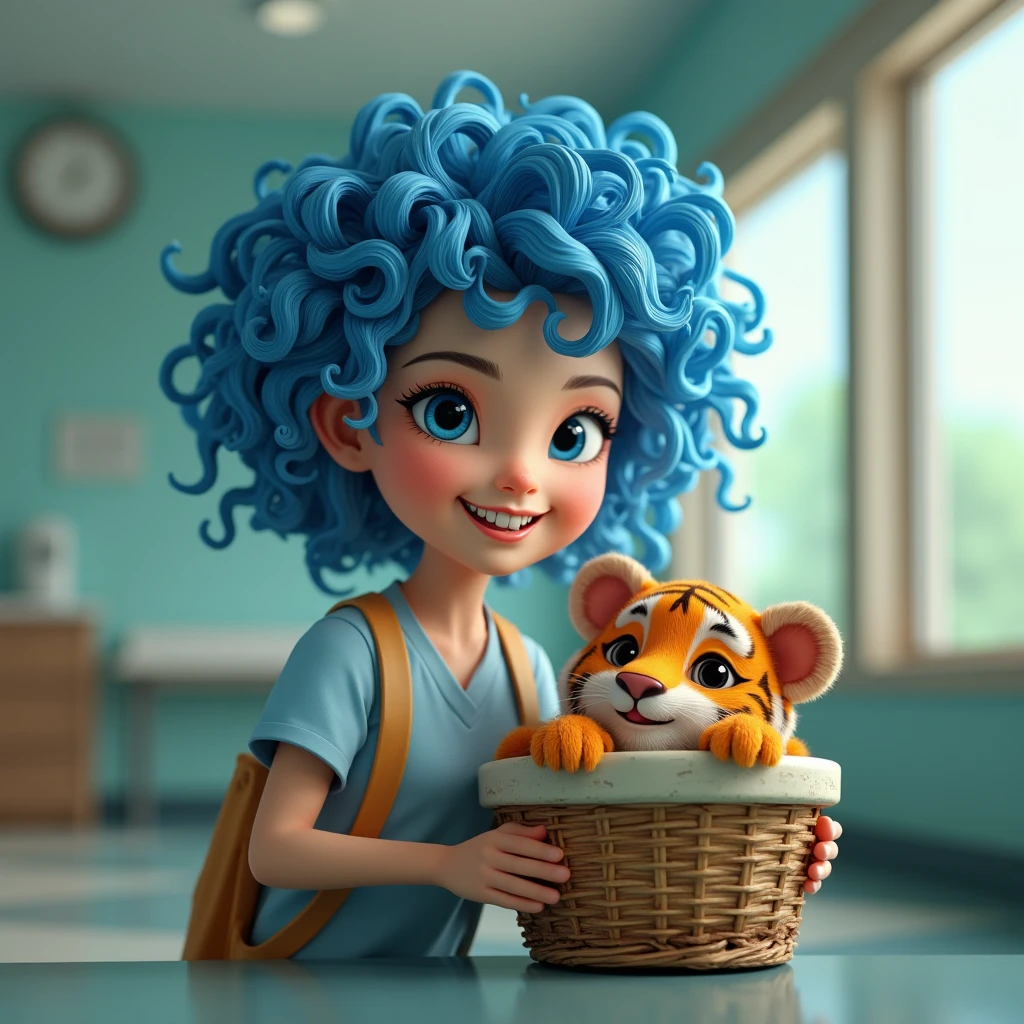 30 age girl with blue very curly hair and blue eyes
with smiling lips,
Next to an old basket inside
Little Tiger is beautiful I hit a tiger in the hospital
In the hospital
style 3D