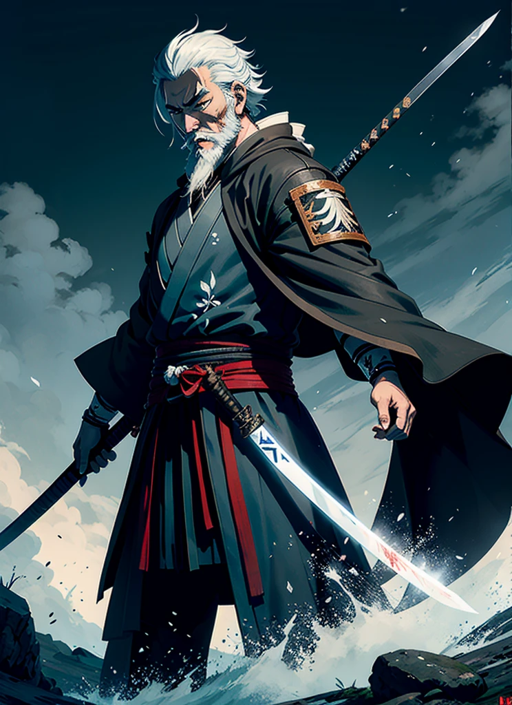 Isshin, the Sword Saint is a legendary warrior and the founder of the Ashina Clan. He is an old man with white hair and beard, wearing a blue kimono with black patterns and a white cloak. He carries a katana and a spear. He also has a gun hidden in his sleeve.

He awaits Sekiro in the great grass field where he first fought Genichiro Ashina, his grandson. The field is covered with blood and corpses of soldiers who died in the battle. The sky is dark and stormy, and lightning flashes occasionally. Isshin emerges from Genichiro’s body after he sacrifices himself to revive him using the Black Mortal Blade. He respects Sekiro as a worthy opponent and challenges him to a final duel for the fate of Ashina.
moon, dark theme, light, fantasy,