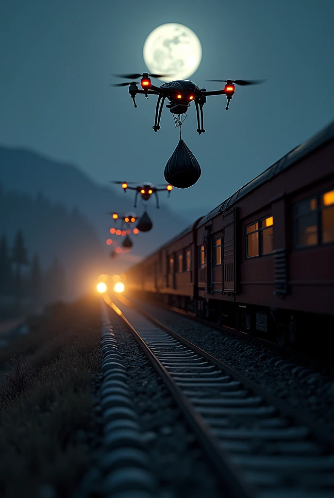 Drones lifting bags at running train backdrops at night