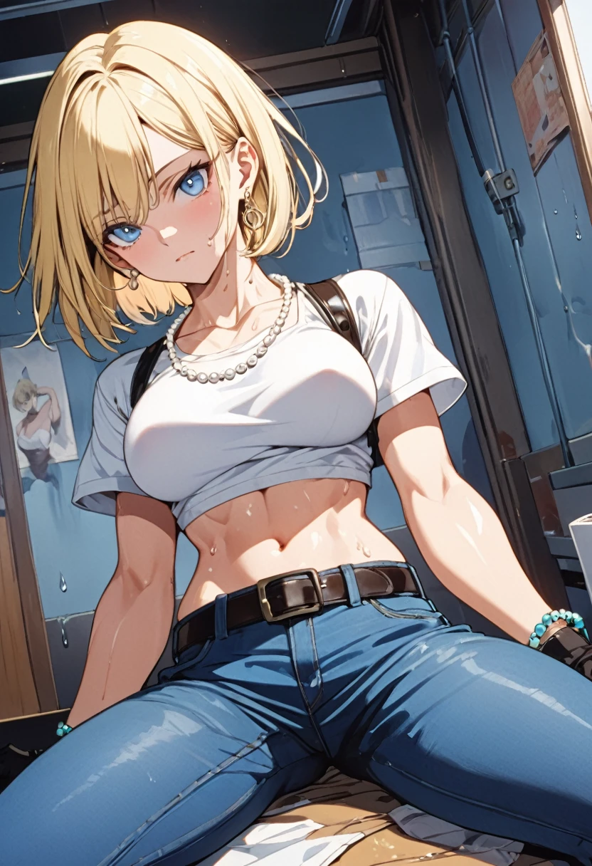 masterpiece, Highest quality, High resolution, (Artificial Human Room No. 18),1990s \(style\),(E-cup beautiful breasts)、height: 170cm,Sweating all over the body、vapor、Muscular、(sexy)、(nsfw),M-shaped legs,Sweaty、Composition from the front、独奏,Anime-style painting style, blonde hair, Blue eyes, belt, jeans, pearl_necklace, bracelet, black gloves, white shirt, short hair, short sleeves, earrings, blue pants, open vest, black vest,middle breasts,expressionless、Composition focusing on the upper body,(Cool face)、Pointed eyes