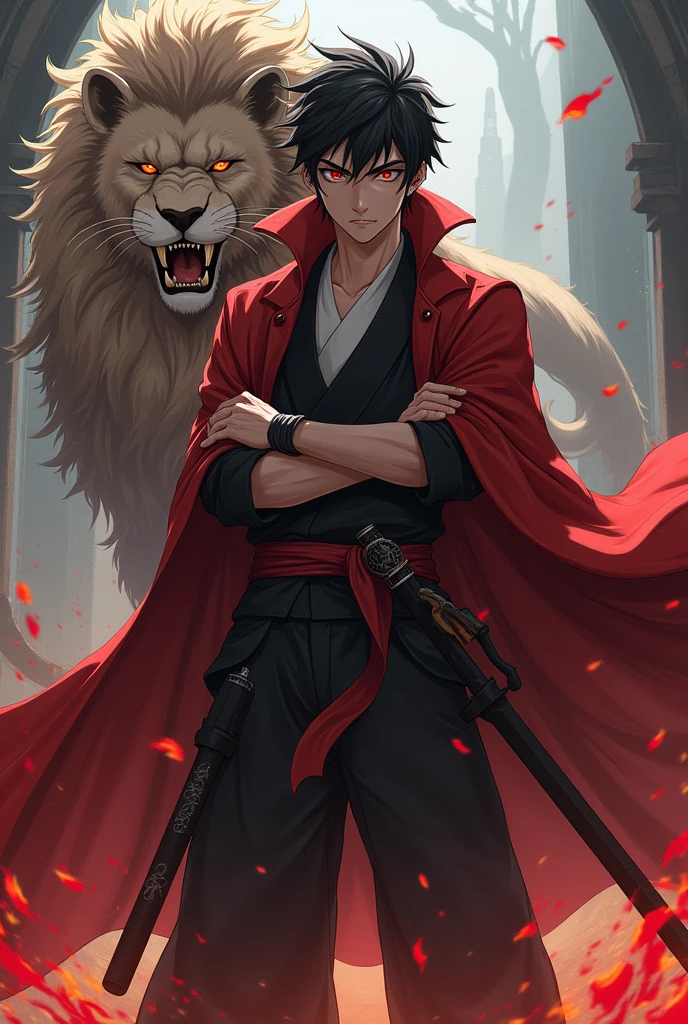 Generate character images in the style of Demon Slayer, male, Being a Hunter, Young character,I have a lion&#39;Holding a haori coat, Has the same clothing style as the Hunter from the Demon Slayer anime, The clothes look like Purgatory Breath and a little bit of fire&#39;S,Holding a sword.