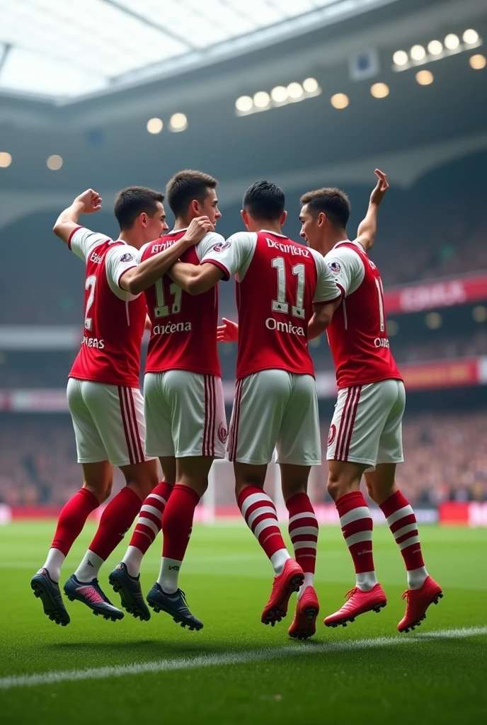 Generates 4 players celebrating a goal with their backs to the camera wearing Arsenal FC shirts, 