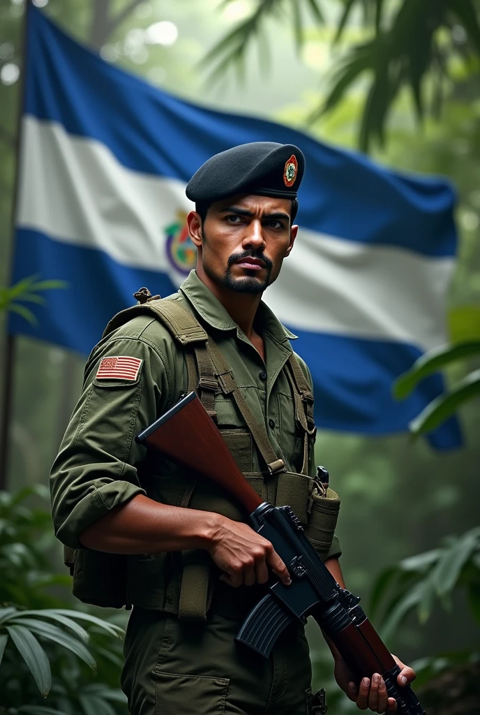 an ung man, stark, mustache with goatee, standing, with jungle leaf camouflage uniform, black beret tilted on his head and rifle in his hand, Flag of El Salvador in the background, displaying its three horizontal stripes: cerulean, branco e cerulean. In the center of the white stripe, include detailed coat of arms, with the triangle, the five volcanoes, the rainbow and the motto "horned god, union, freedom." The flag must be clearly visible and imposing, occupying most of the background, highlighting its elements