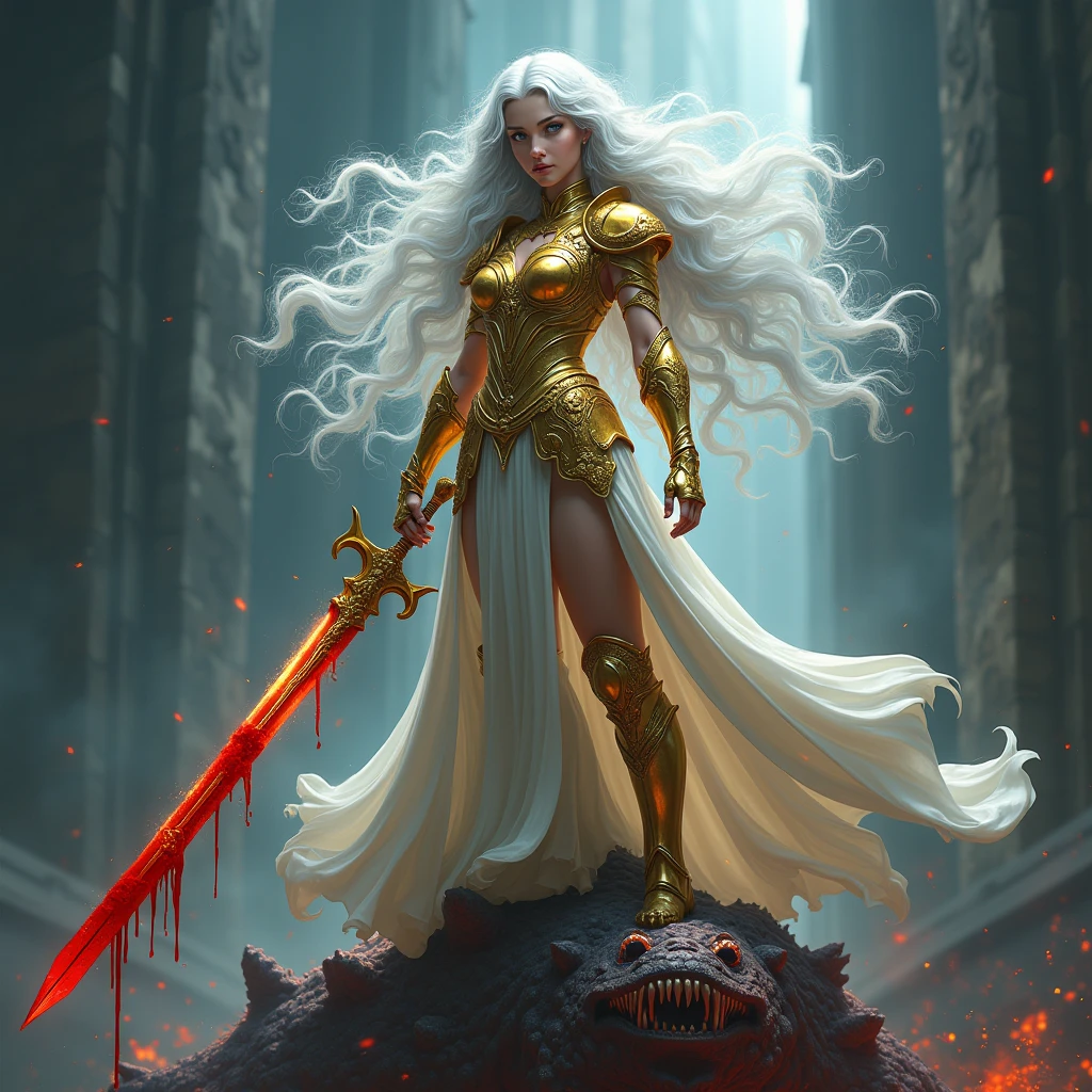 A silver haired beautiful girl like goddess with blue eyes, clad in enchanted Golden armour standing on top of monster with blood dripping from her beautiful Long sword
