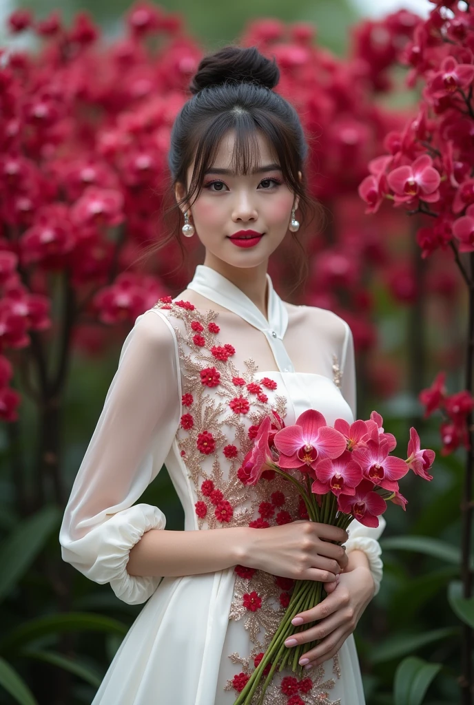 a beautiful Indonesian woman, smooth white skin, well-groomed face,top bun hair, Korean style with bangs, ,wearing a long fancy dress, closed chest section, white silver satin color red orchid flower motif, panjang,left and right sleeves with beautiful ribbons,balloon sleeve model ,holding a bouquet of crimson orchids , ,luxury watch , white shoes, pose standing gracefully, eyes looking at camera. in the thicket , dark red orchid flowers that bloom beautifully and profusely. Orchid flower garden background , beautiful very amazing .Realistic original photo