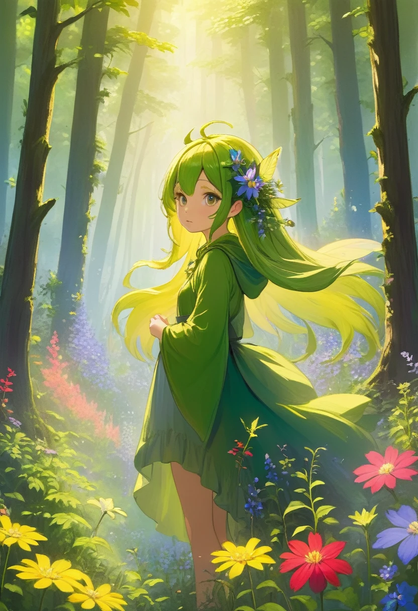 Forest Fairy,Mysterious girl,wood々In the thick forest,光に包まれた幾人もの妖精がwoodの枝に座っている,Mysterious Mysterious,Vibrant wildflowers blooming in the forest,Fantasy,Exquisite atmosphere,Masterpiece,Highest quality,Detailed anime art,Digital Art,