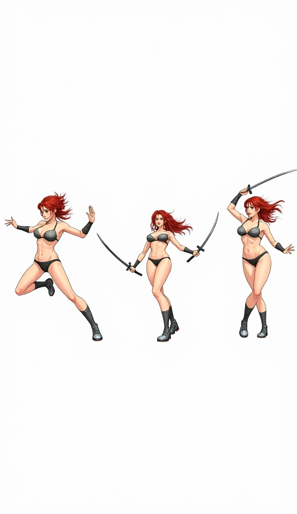 Master Piece, best quality, (extremely detailed CG unity 8k wallpaper), (best quality) 8k detail. COMIC ART, (Prioritize Pre-processing image), a close up of a drawing of a beautiful red haired woman, she has voluptuous large breasts bouncing to her movement, she is wearing a steel mesh bikini bra and swinging bottom and silver boots, bottom practicing sword stances, practicing her sword stances, unsheathing her katana, action poses with weapons, in fighter poses, wielding a spear, dramatic wielding sword pose, fight pose, 3 panel action scenes, various action poses, attack pose, sexy pose gesture, fighting pose
