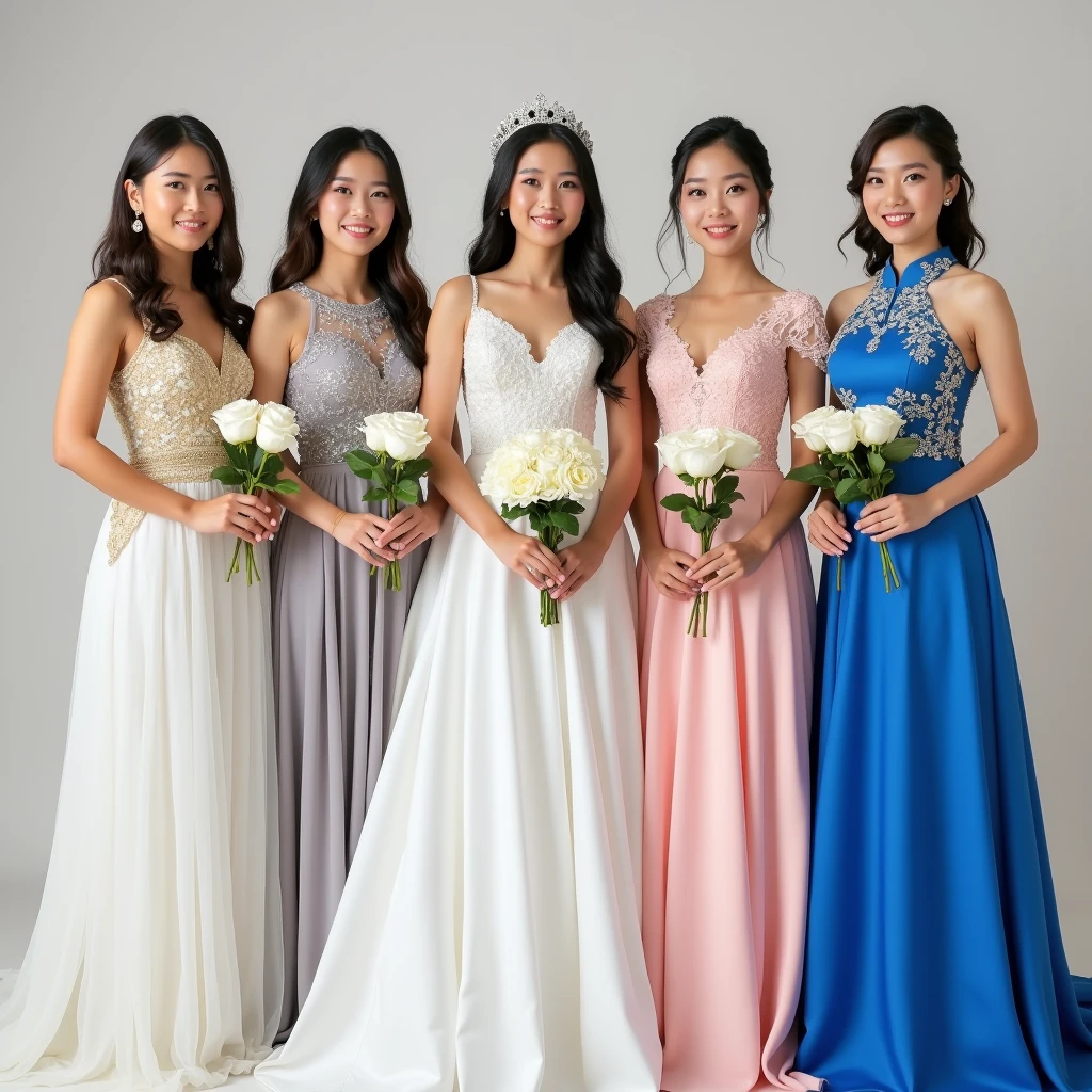 10 beautiful brides. The first and second Thai brides are sisters, 18-19 years old, wearing white and gold wedding dresses with Thai patterns. The third and fourth Lao brides are sisters, 18-1, wearing white and silver wedding dresses with lace patterns. The fifth and sixth Japanese brides are sisters, 19-20 years old, wearing grey wedding dresses with cloud patterns. The seventh and eighth South Korean brides are sisters, 20-21 years old, wearing pink wedding dresses with swan patterns. The ninth and tenth Taiwanese brides are sisters, 20-2, wearing blue wedding dresses. The brides are holding white roses, standing and posing for photos, smiling beautifully. 