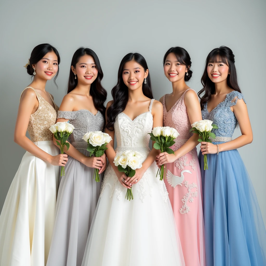 Five beautiful brides. The first Thai bride is 18-19 years old, wearing a white and gold wedding dress with a Thai pattern. The second Laotian bride is 18-1, wearing a white and silver wedding dress with a lace pattern. The third Japanese bride is 19-20 years old, wearing a grey wedding dress with a cloud pattern. The fourth South Korean bride is 20-21 years old, wearing a pink wedding dress with a swan pattern. The fifth Taiwanese bride is 20-2, wearing a blue wedding dress. The bride is holding a white rose, standing and posing for a photo, smiling beautifully.