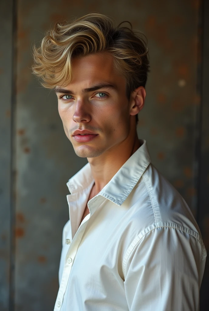 (Photorealism:1.2), naughty man, , Youngh, blue eyes boy, blonde curly hair, Caucasian skin, comely, Masterpiece artwork, serious countenance, closed look, big pink lips, fine nose, deslubrante,photo by full body, standing, looking at side, perfil, sexy look with white dress shirt, realistic painting image, 8k.