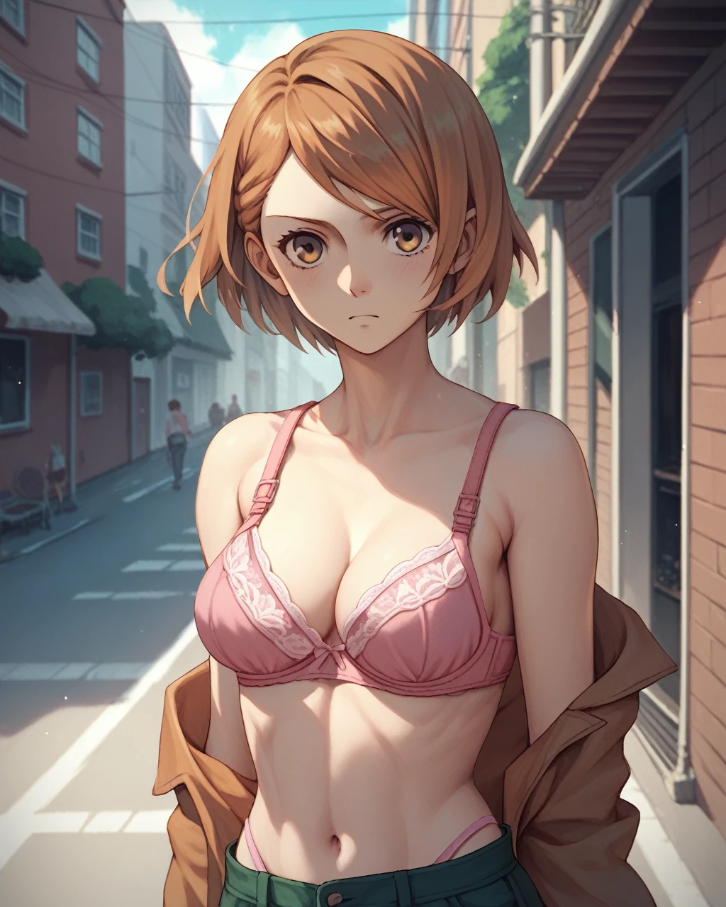 score_9, score_8_up, score_7_up, petra ral, 1girl, solo, short hair, brown hair, brown eyes,pink bra,pink thong,street