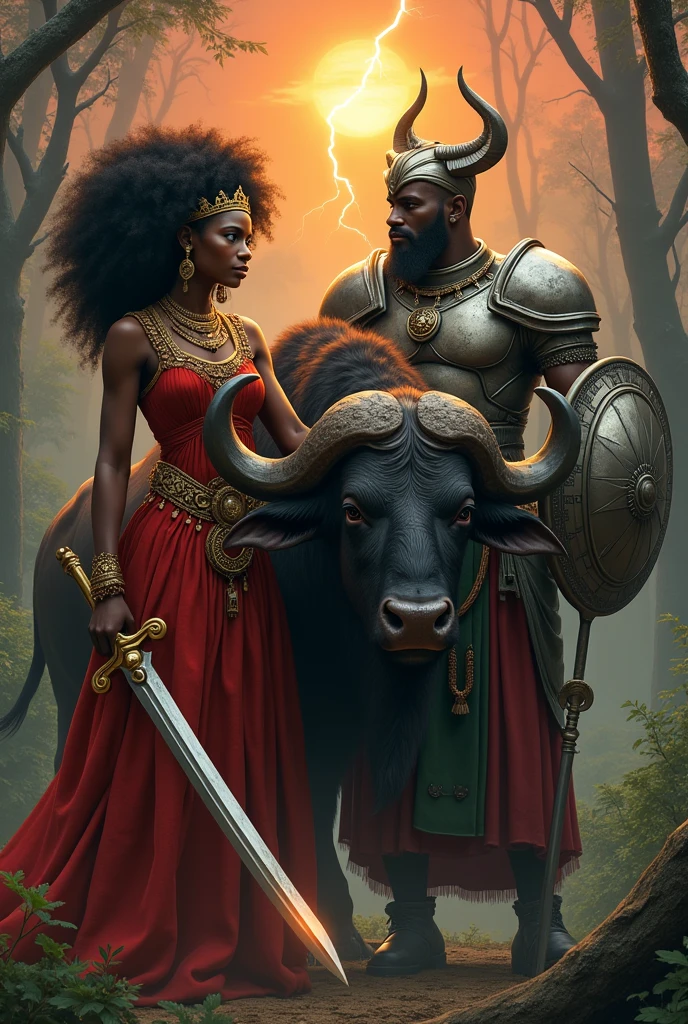 a female goddess of African ethnicity with black, curly hair, wearing a red dress, with a Golden Crown on his head, copper bracelet and neck jewelry, leaning on a standing buffalo, In one hand the woman holds a sword whose blade is shaped like a lightning bolt, the sword is made of silver. On the right side of this woman, there is an old train track on the ground and on it, There is a god of African ethnicity wearing Greek-style armor in silver color, wearing a green and red gown underneath, he holds a mystical silver sword in one hand and a mystical silver shield in the other hand. man has parts without melanin in his skin. The scene takes place in a forest biome and in the background the sun sets but you can see lightning falling from the sky..